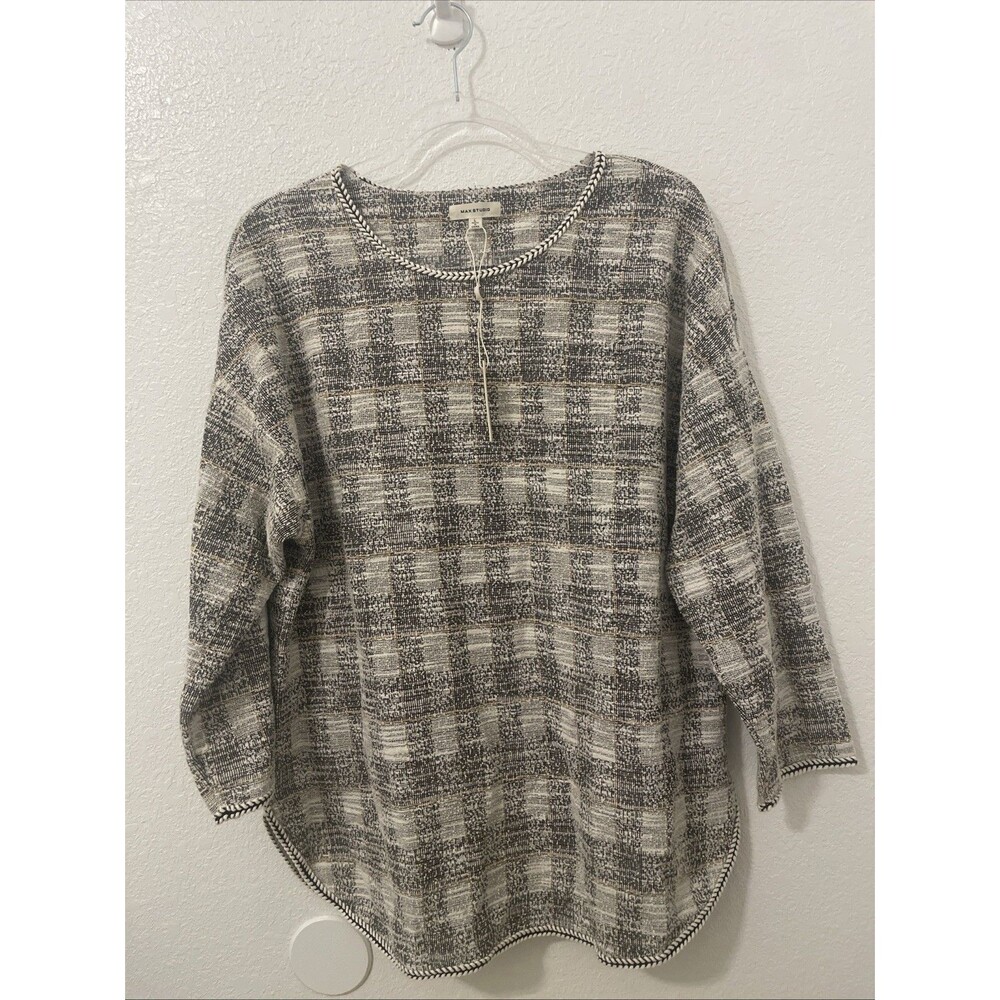 NWT Max Studio Womens L M Med Tweed Plaid Knit Top Braided Trim MSRP $88
